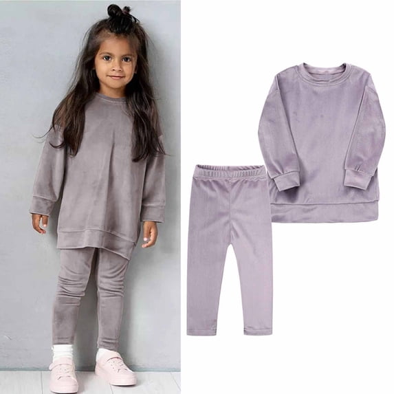 Girls Velour Sweatsuit Set 2PCS Velvet Sweatshirt + Sweatpants Winter Fleece Pullover Jogger Outfits New Vacation Pajamas for Girls Set Dark Gray 2-3 Years