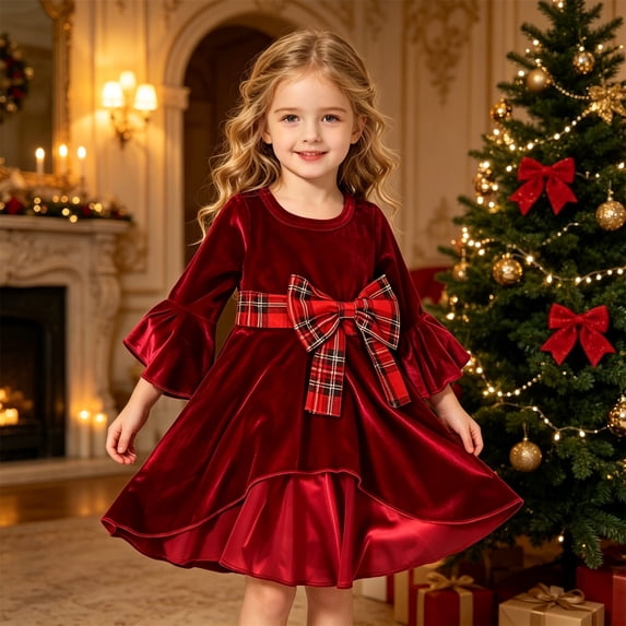 Girls Velvet Dress Girls Long Sleeve Xmas Party Dress (Red2)