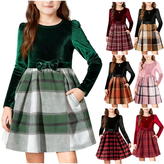 Girls Velvet Dress Ruffled Long Sleeve Casual Princess Dress Plaid Patchwork Christmas Party Dress Spring Fall Outfits with Pocket