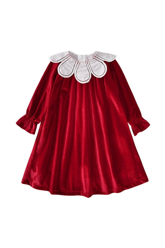 Girls Velvet Dress Toddler Flower Collar Long Sleeve Ruffle Princess Dresses Retro Festival A-line Dress