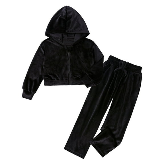 Girls Velvet Hooded Tracksuit Solid Color Warm Jogger Outfit Soft Casual Two Piece Wear with Pants Long Sleeve Full Length Pants for Daily Outings Black 2 Years-3 Years