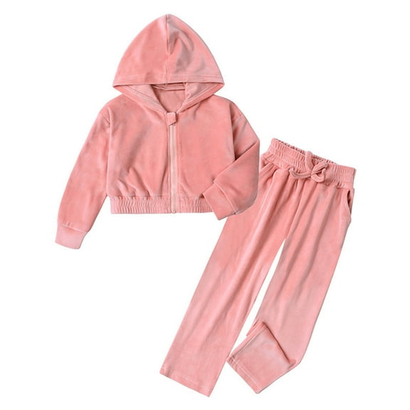 Girls Velvet Hooded Tracksuit Warm Jogger Outfit Soft Casual Two Piece Wear With Pants for Daily Outings,Color:Pink,Size:7-8 Years
