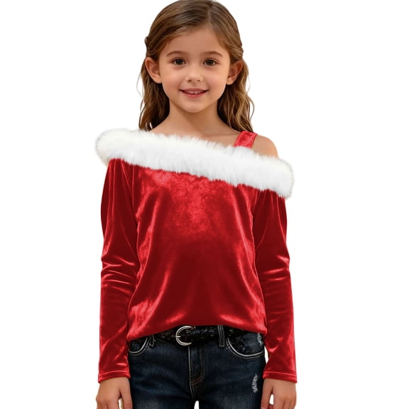 Girls Velvet Off Shoulder Tops with White Faux-fur Trim Long Sleeve Party Christmas Outfits Loose Fit (13 Years, Red)