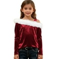 thumbnail image 1 of Girls Velvet Off Shoulder Tops with White Faux-fur Trim Long Sleeve Party Christmas Outfits Loose Fit (7 Years, Wine), 1 of 7