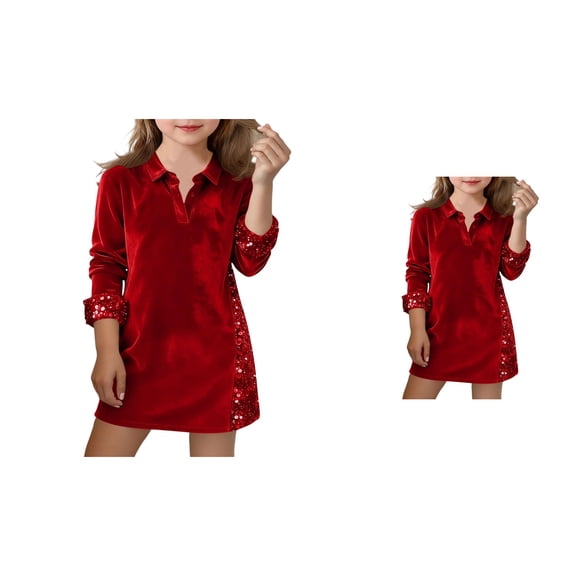 Girls Velvet Sequin Dress, Long Sleeve V-Neck Formal Party Mini Dress with Sparkling Applique and Contrast Sleeves