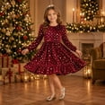 thumbnail image 1 of Girls Velvet Star Print Long Sleeve Dress – Elegant Ruffle Hem Christmas Party Gown – Versatile Kids Clothing for Holiday Dance Photoshoot (Ages 3-7 Years), 1 of 8