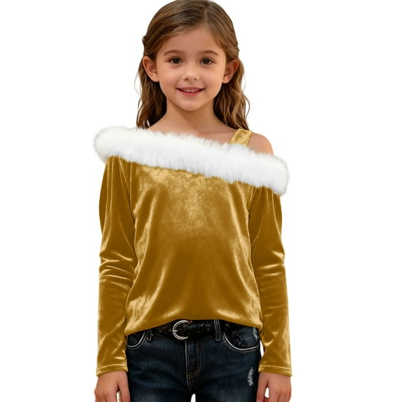 Girls Velvet Tops Christmas Outfits White Faux-fur Trim Cold Shoulder Blouse Dressy Party Clothes 4-14 Years (5 Years, Gold)