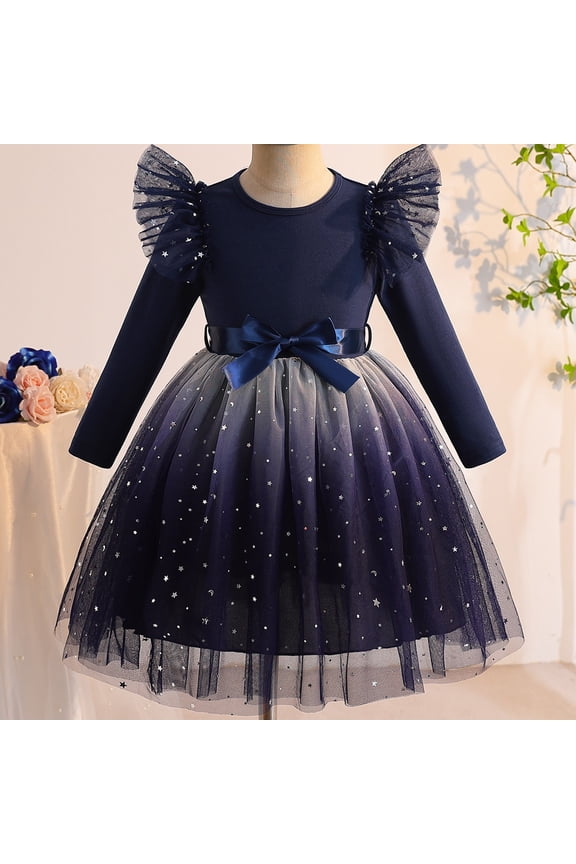 Girls Velvet and Tulle Dress, Long Sleeve Round Neck Princess Dress with Bow Waist, Kids Flower Girl Dress for Wedding, Birthday Party and Special Occasions Blue 3