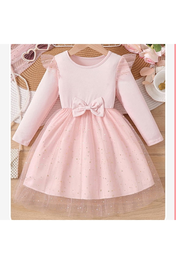 Girls Velvet and Tulle Dress, Long Sleeve Round Neck Princess Dress with Bow Waist, Kids Flower Girl Dress for Wedding, Birthday Party and Special Occasions Pink 100