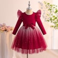 thumbnail image 1 of Girls Velvet and Tulle Dress, Long Sleeve Round Neck Princess Dress with Bow Waist, Kids Flower Girl Dress for Wedding, Birthday Party and Special Occasions Wine 9, 1 of 4