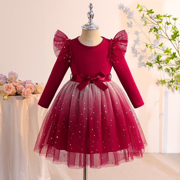 Girls Velvet and Tulle Dress, Long Sleeve Round Neck Princess Dress with Bow Waist, Kids Flower Girl Dress for Wedding, Birthday Party and Special Occasions Wine 9