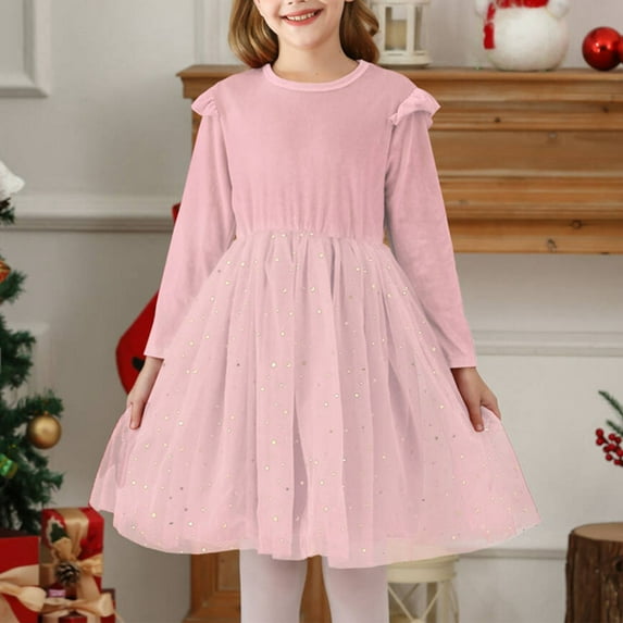 Girls Velvet-Tutu Dresses Tulle-Splice Size 5-12 Toddlers Kids Trendy Ruffle Long Sleeve Crewneck Solid Color Sequins A-Line Birthday Party Midi Dress