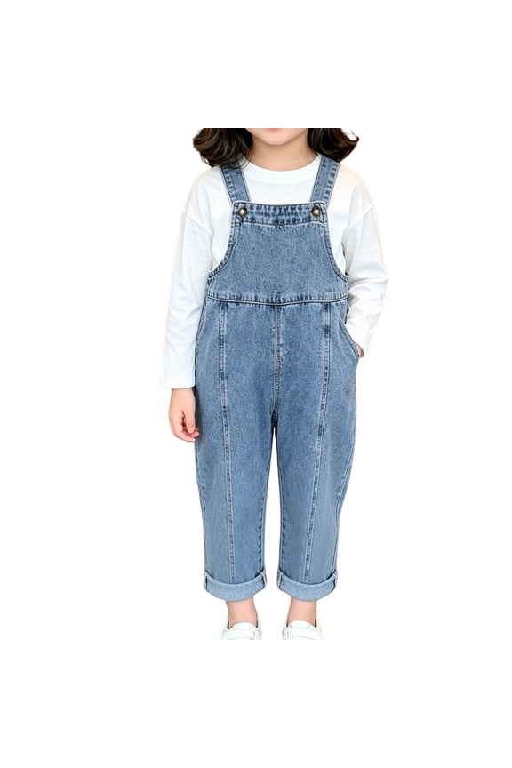 Girls' Vertical Seam Roll Cuff Denim Overalls, Adjustable Button Straps & Side Pockets for Grocery Runs and Weekend Mall Shopping Blue 90