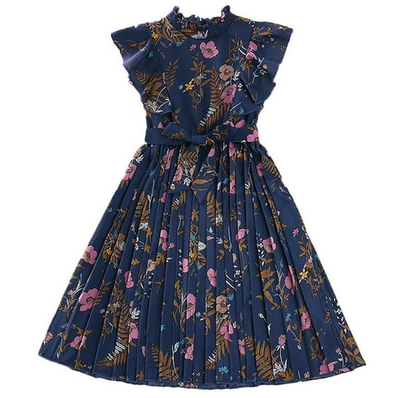 Girls Vintage Dress Floral Ruffle Pleated Dresses Flutter Crew Neck Tunic Dress Summer Casual Retro Clothing, Dark Blue, 9 Years