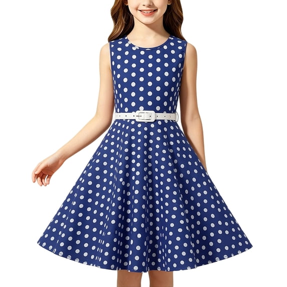 Girls Vintage Dress Polka Dot Pleated Summer Sleeveless Cotton Dress Dark Blue 5-6 Years