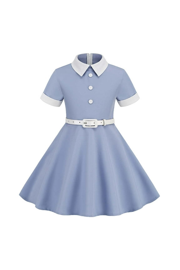 Girls Vintage Dresses Audrey 50'S Retro Short Sleeve Party Dress Outfit Pan Doll Collar Wedding Casual Skater Dress With Belt,Light Blue,L