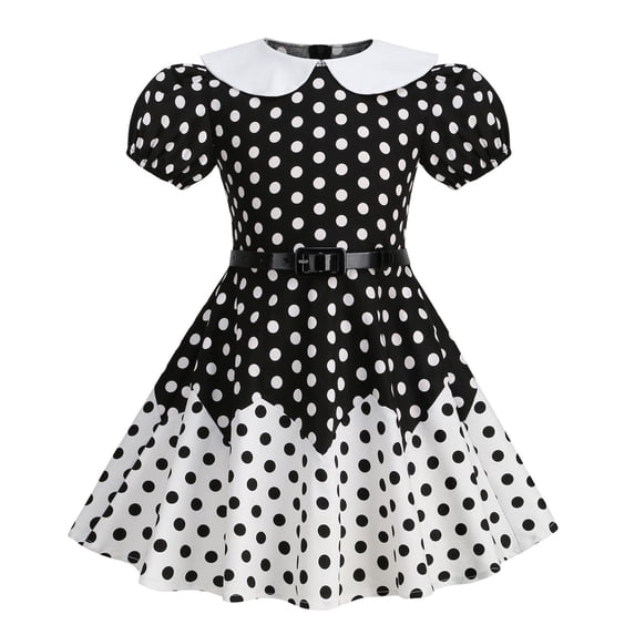Girls Vintage Dresses with Belt Size 3-8 Toddlers Kids Elegant A-Line Short Puffed Sleeve Doll-Collar Polka Dot Printed Cocktail Prom Dress