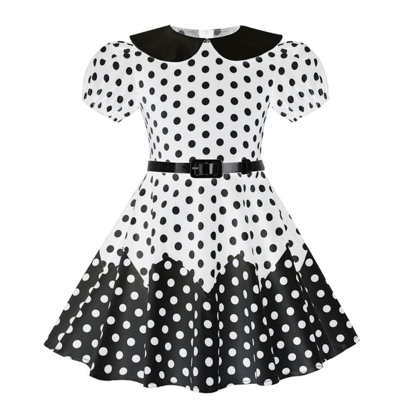 Girls Vintage Dresses with Belt Size 3-8 Toddlers Kids Elegant A-Line Short Puffed Sleeve Doll-Collar Polka Dot Printed Cocktail Prom Dress