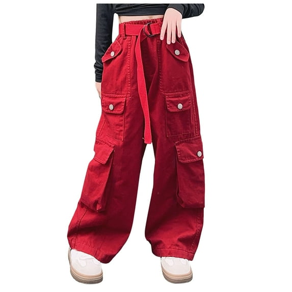Girl's Casual Elastic Waist Cargo Pants Multi Pockets Lightweight Cotton Solid Color Streetwear School Teens 3-14 Years