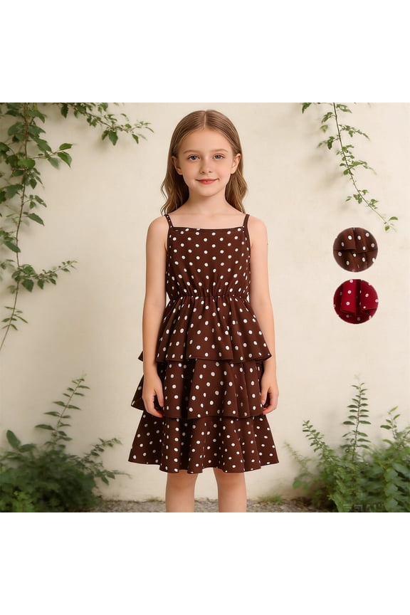 Girls Vintage Polka Dot Strapless Sleeveless Waist Cinching Dress Brown 7 Y-8 Y