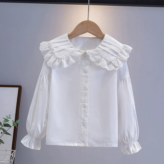 Girls Vintage Regular Fit Ruffle Collar Blouse Long Sleeve Button Down Shirt 3-14 Years