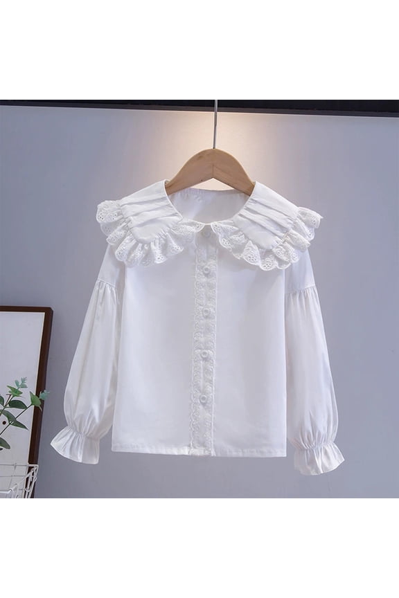 Girls Vintage Regular Fit Ruffle Collar Blouse Long Sleeve Button Down Shirt 3-14 Years
