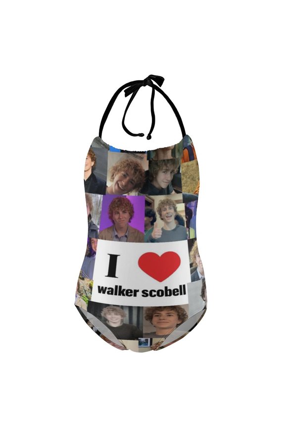 Girls Walker Scobell Bathing Suit One Piece Halter Neck Strap Swimwear