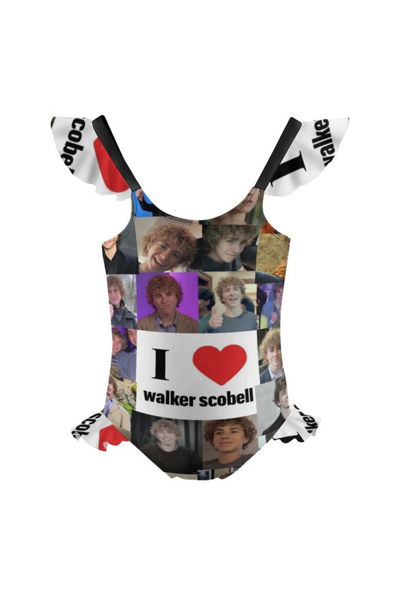 Girls Walker Scobell One Piece Swimsuit Kids Cute Ruffle Bathing Suit Cartoon Swimwear