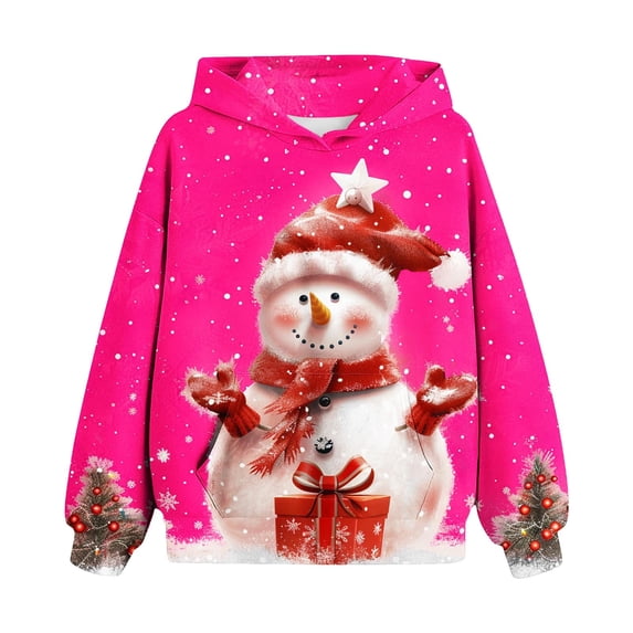 Girls' Warm Fleece Hooded Pullover Christmas Children's Shirt Long Sleeved Pattern T-shirt Printed Round Neck Long Top Boys and Girls Aged Hooded Sweatshirt Pinks 160