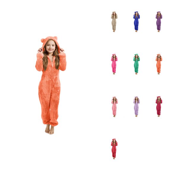 Girls Warm Hooded Pajama Set with Animal Ears, Cozy Sleepwear and Loungewear, Bear Ear Plush Pullover Sweatshirt and Pants for Kids 3-14 Years