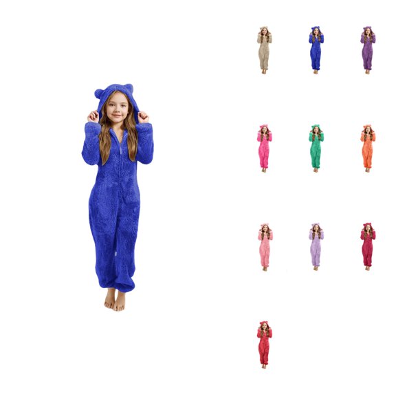 Girls Warm Hooded Pajama Set with Animal Ears, Cozy Fleece Sleepwear and Loungewear, Bear Ear Plush Pullover Sweatshirt and Pants for Kids 3-14 Years