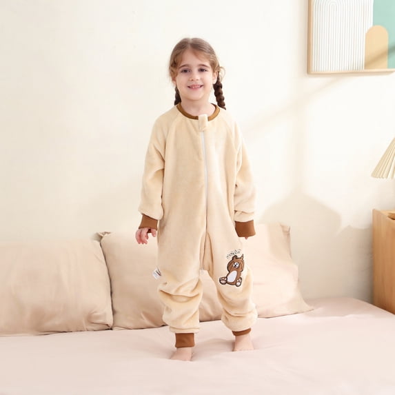 Girls Warm Winter Fuzzy Fleece One‑Piece Loungewear, Bear Embroidered Full Zip Plush Jumpsuit for Indoor Relaxation Daily Home Wear(Beige,6-12 Months)
