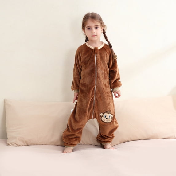 Girls Warm Winter Fuzzy Fleece One‑Piece Loungewear, Monkey Embroidered Full Zip Plush Jumpsuit for Indoor Relaxation Daily Home Wear(Brown,3-4 Years)