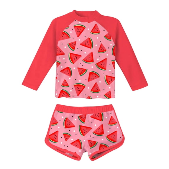 Girls Watermelon Print 2 Piece Set Long Sleeve Tankini Sun Protection Rash Guard Summer Bathing Suit for 2-11 Years