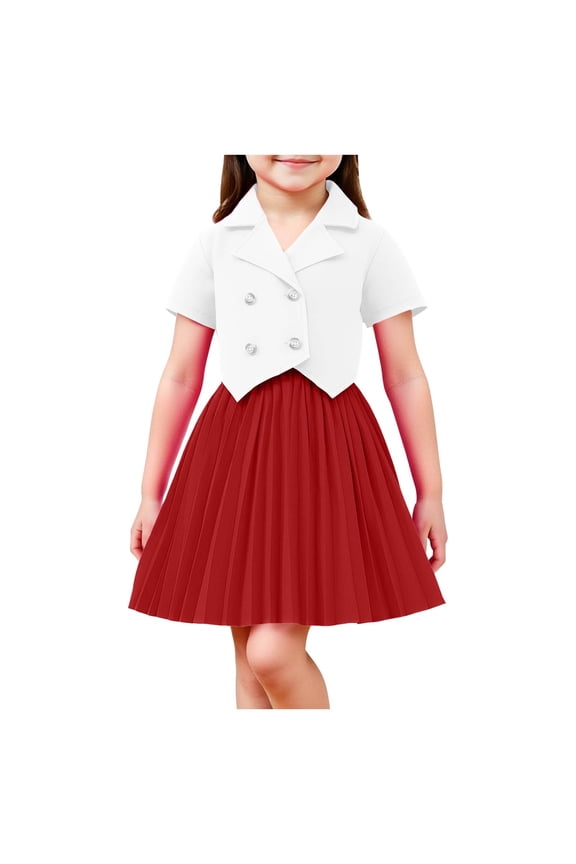 Girls Watermelon Red 2 Piece Set, Blazer Vest & Pleated Skirt Outfit for Kids Kids (2T-8Y),Size 7-8 T