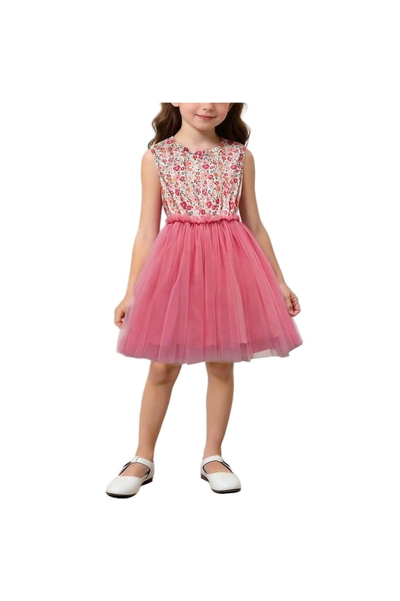 Girls Watermelon Red Tulle Dress Floral Print Birthday Party Tutu Sleeveless Princess Dresses for Kidss and Kids Flower Girl Wedding Guest Dress,Size 5-6 T