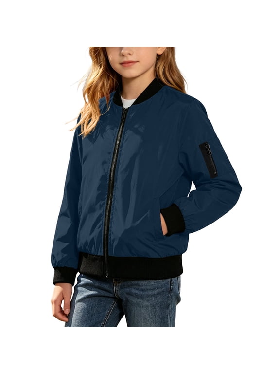Girls Waterproof Bomber Jacket, Lightweight Windbreaker for Kids Travel School Zip up Fall Jackets No Hood Outerwear, 13 Years