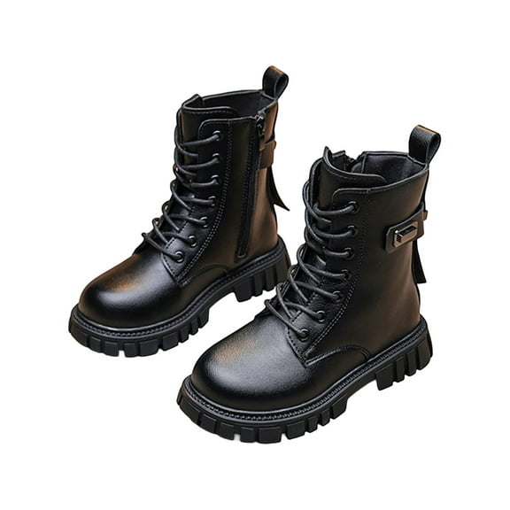 Girls Waterproof Combat Boots Lace Up Side Ankle Booties for Toddler/Little Kid/Big Kid Black 4.5-5 Years