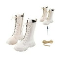 thumbnail image 1 of Girls Waterproof Faux Leather Lace Up Boots, Midcalf Outdoor Boots with Chunky Sole and Side Zipper, Comfortable Round Toe Dress Riding Boots for Kids, Includes Extra Gold Laces, 1 of 3