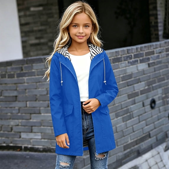 Girls Waterproof Hooded Jackets Mid to Long Length Solid Rain Jacket Lightweight Soft Lining Kids Windbreaker Rain Coats with Pockets Easy On/Off Design(Blue,11-12 Years)