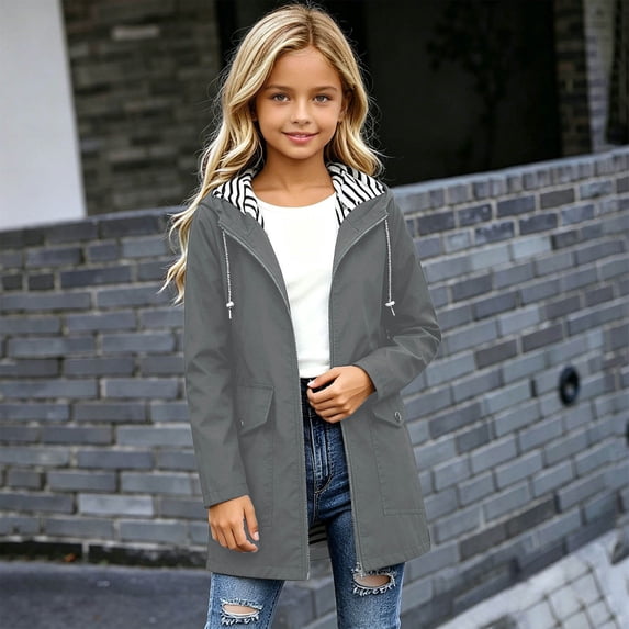 Girls Waterproof Hooded Jackets Mid to Long Length Solid Rain Jacket Lightweight Soft Lining Kids Windbreaker Rain Coats with Pockets Easy On/Off Design(Grey,5-6 Years)