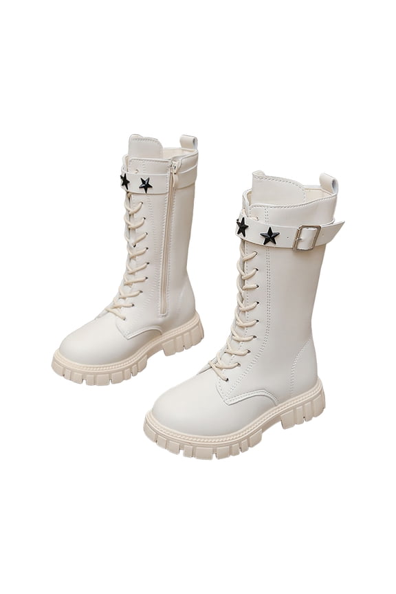 Girls Waterproof Mid Calf Combat Boots Fashion Star Decor Buckle Strap Lace up Lug Sole Chunke Heel Winter Tall Riding Booties White 1 Big Kids
