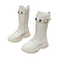 thumbnail image 1 of Girls Waterproof Mid Calf Combat Boots Fashion Star Decor Buckle Strap Lace up Lug Sole Chunke Heel Winter Tall Riding Booties White 10 Little Kids, 1 of 8