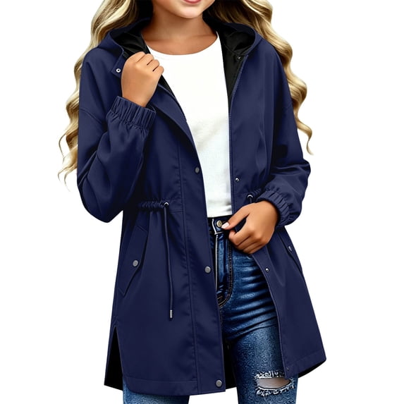 Girls Waterproof Windbreaker Jacket Zipper Button Closure Rain Jacket Hooded Mid Long Length Raincoat Kids Coat Jacket