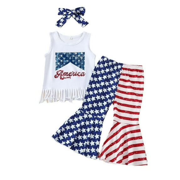 Girls' Wear Hot Holiday Fringe Vest + Independence Day Print Bell Bottom Pants Bow Three Set Star Print