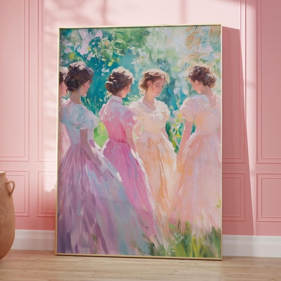 Girls Wearing Colorful Dresses Print Pink Cottage Core Room Decor Girly Balletcore Wall Art Print Pastel Colors Apartment Decor