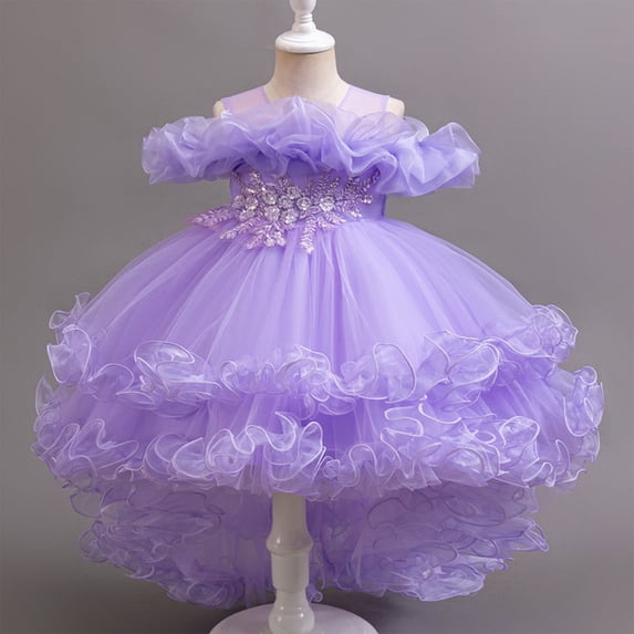 Girls Wedding Flower Girl Dress 3-11 Years Off Shoulder Design Luxury Tulle Tutu Dress with Train Elegant Princess Gown for Pageant Birthday Party and Formal Events Purple
