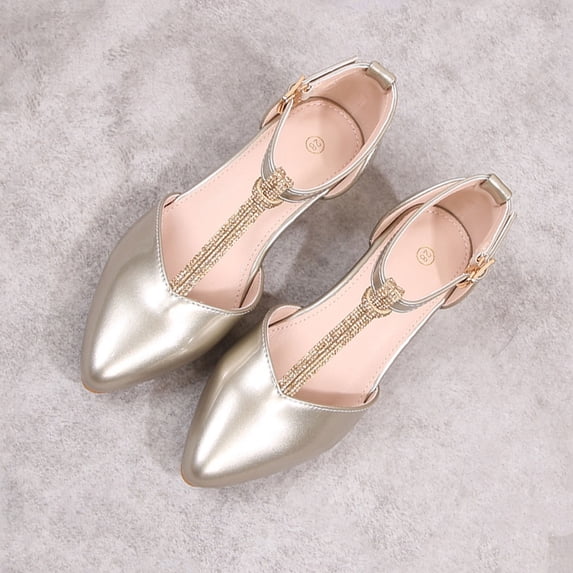 Girls Wedding Shoes Flower Girl T-Strap Flats Rhinestone Pointed Toe Sparkly Party Dress Heels Adjustable Buckle Faux Faux Leather - Gold,Size 30