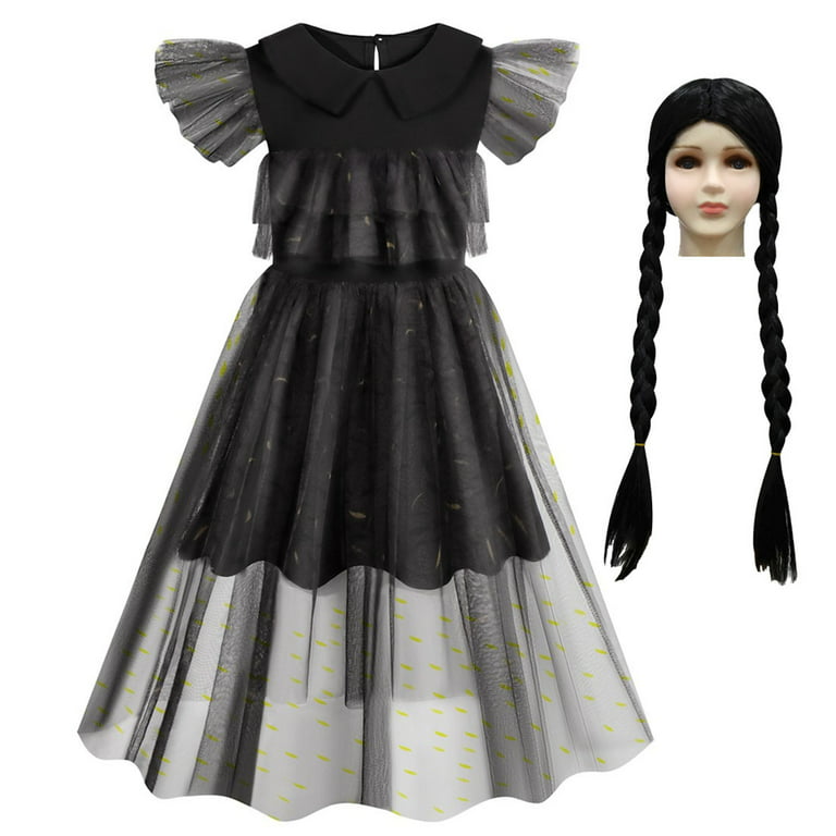 Wednesday Addams Costume Girls Peter Pan Collar Dress Short Sleeve  Halloween Outfit 