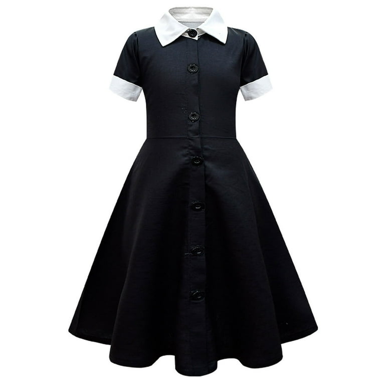 Wednesday Addams Costume Girls Peter Pan Collar Dress Short Sleeve  Halloween Outfit